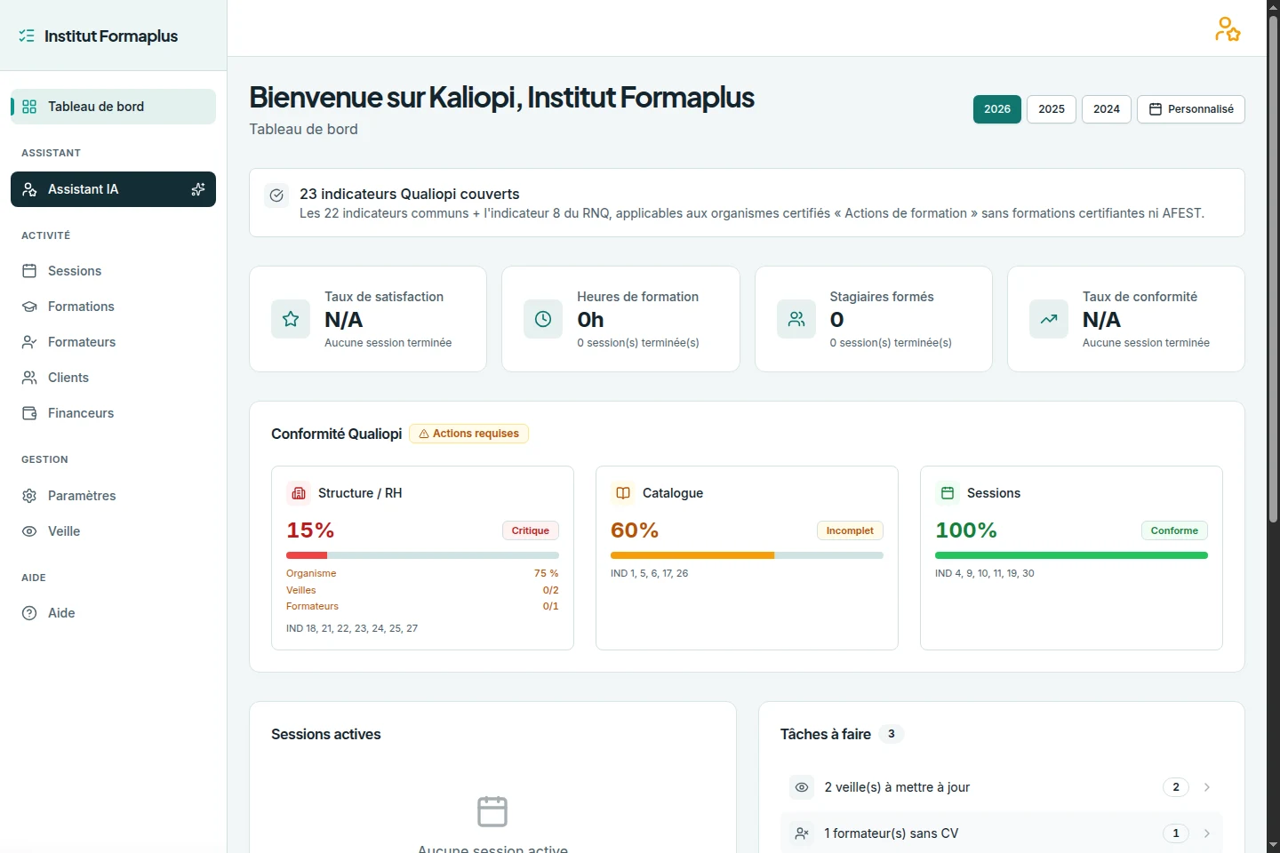 Interface Kaliopi — pilotage Qualiopi centralisé